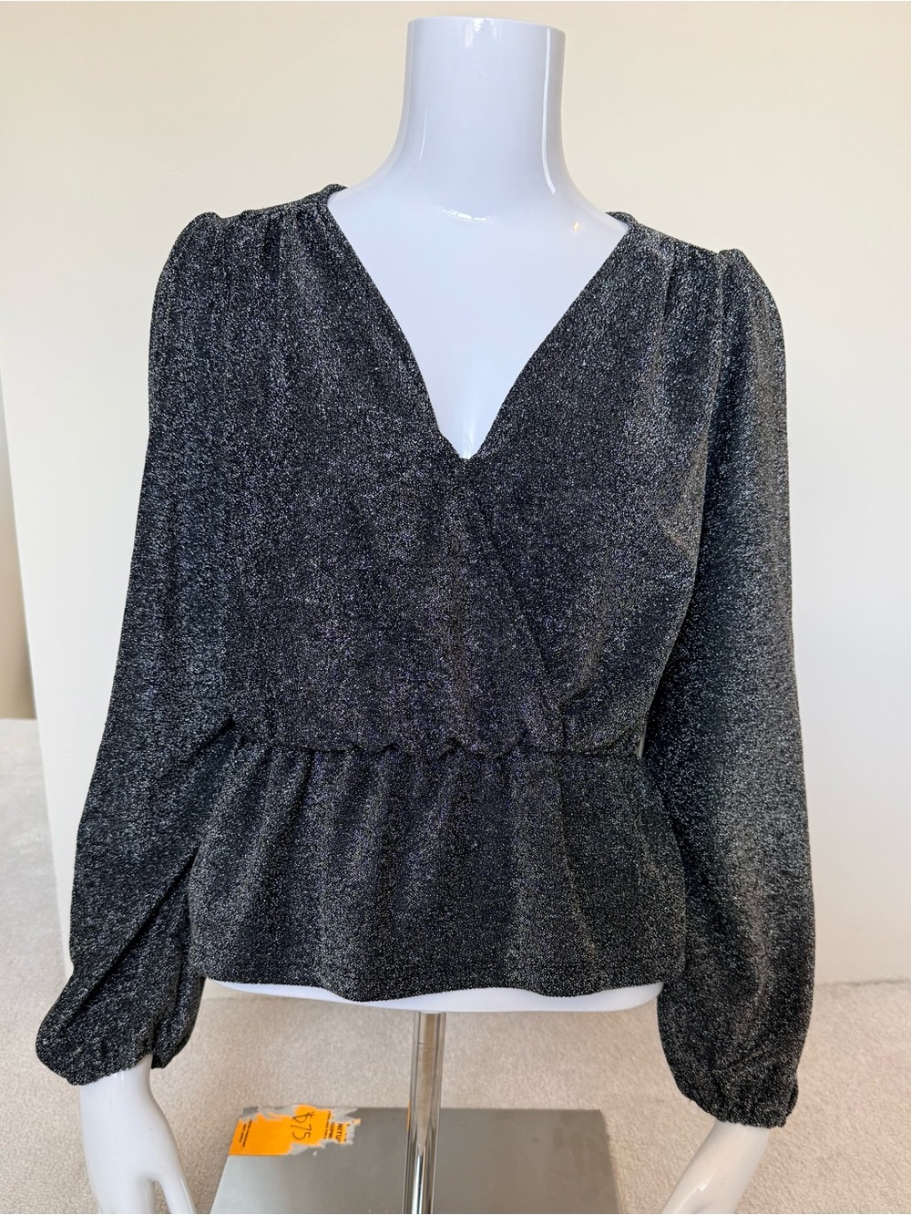 NWT Aqua Metallic Black Silver V-Neck Peplum Long-Sleeve Top Blouse XS